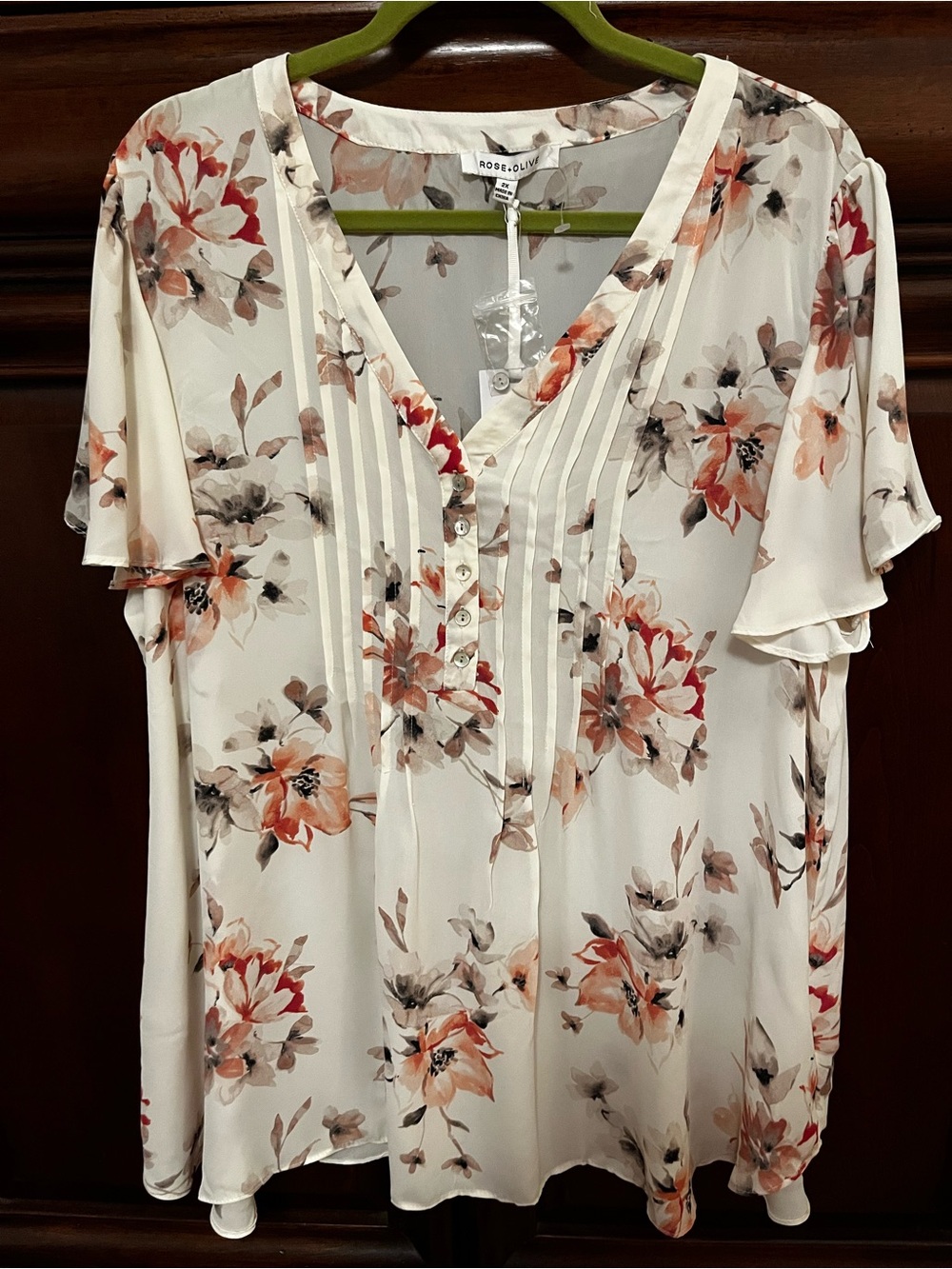 Rose & Olive Ivory Peach Oink Gray Floral Print Pintuck Flutter Sleeve Blouse 2X